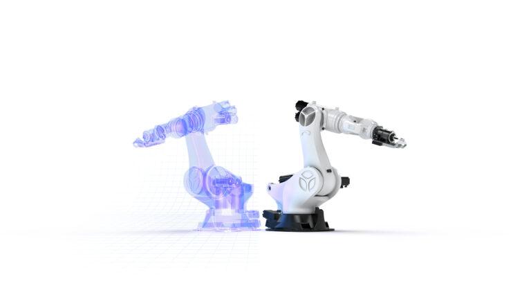 Robot arm with image indicative of digital twin within ORA software